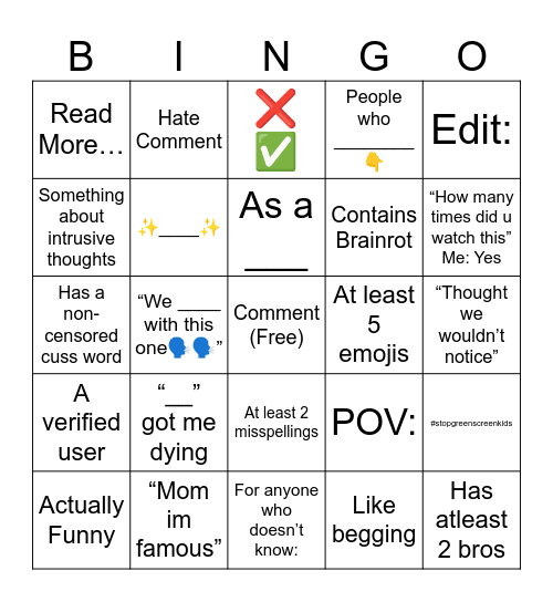 YouTube Shorts Comments Bingo Card