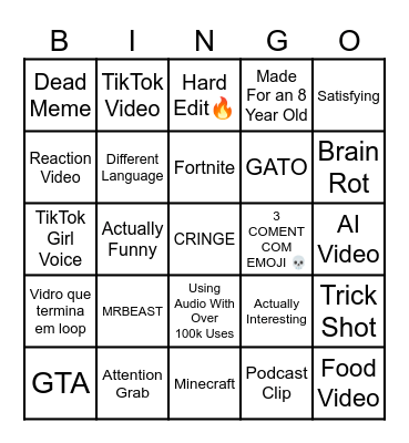 YouTube Shorts Bingo Card