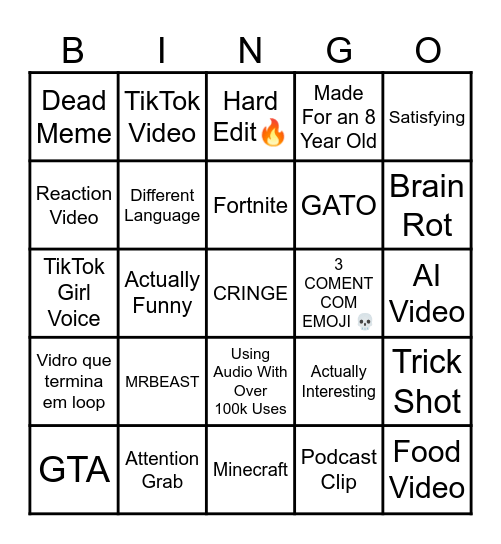 YouTube Shorts Bingo Card