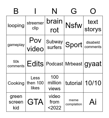 Yutube Bingo Card