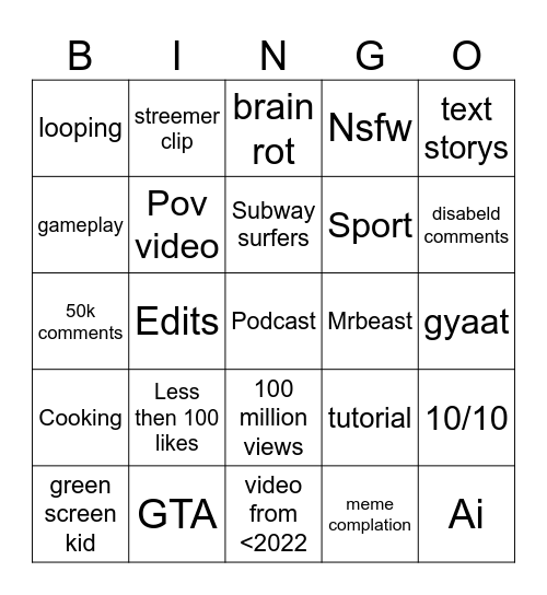 Yutube Bingo Card