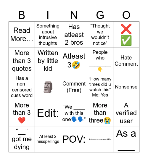 YouTube Shorts Comments Bingo Card