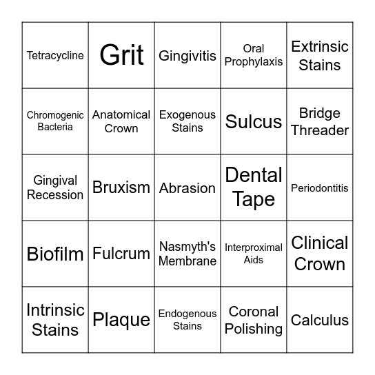 Coronal Polishing Bingo Card