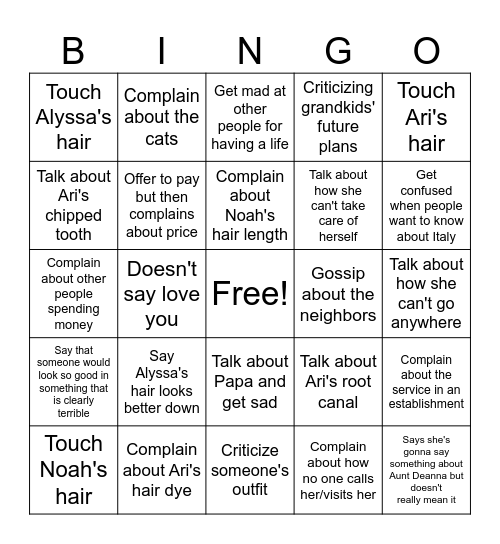 Grandma Bingo Card