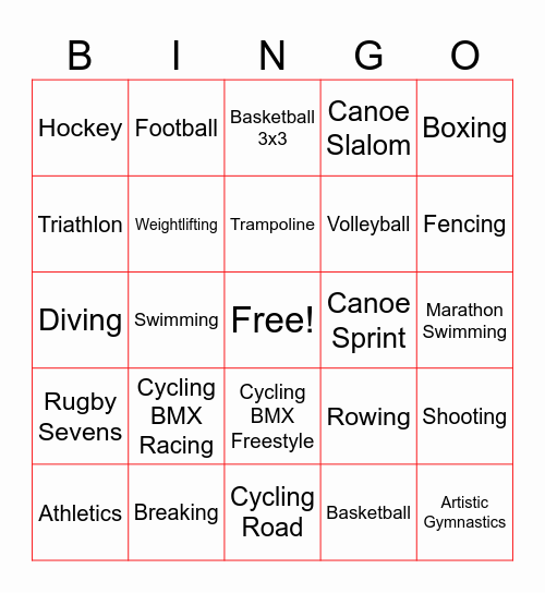 2024 Summer Olympics Bingo Card