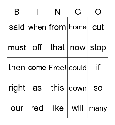 Sight words Bingo Card