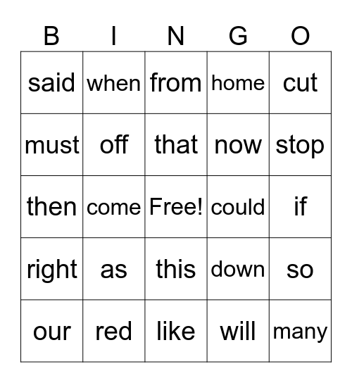 Sight words Bingo Card