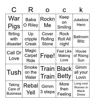 Classic Rock Bingo Card