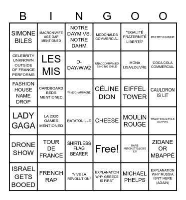 LES JEUX OLYMPIQUES DE PARIS Bingo Card