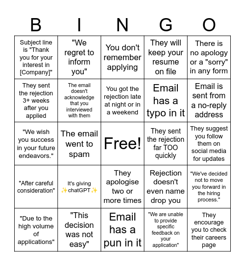 Job Application Rejection Bingo Card