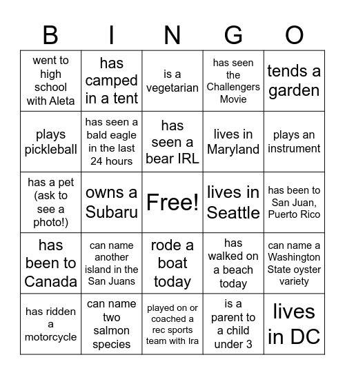 Wedding Guest Bingo Card