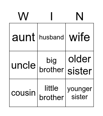 Family members Bingo Card
