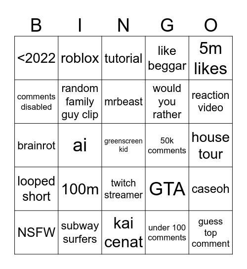 YOUTUBE SHORTS BINGO Card