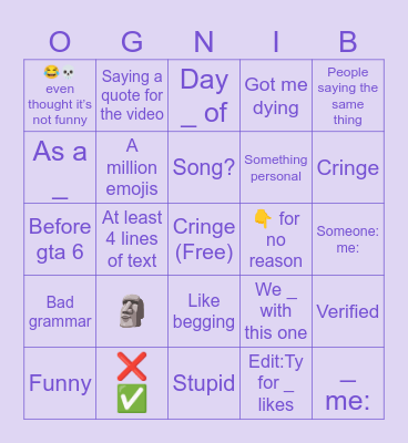Shorts Comments Bingo Card