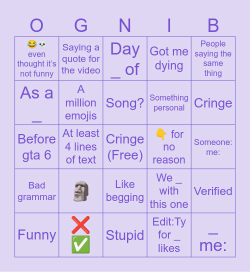 Shorts Comments Bingo Card