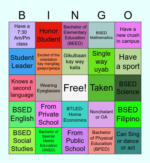 COED Freshmen Orientation Bingo Card