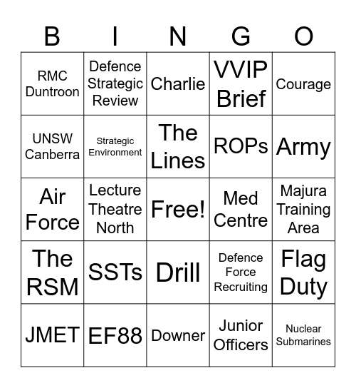 ADFA-Themed Bingo Card