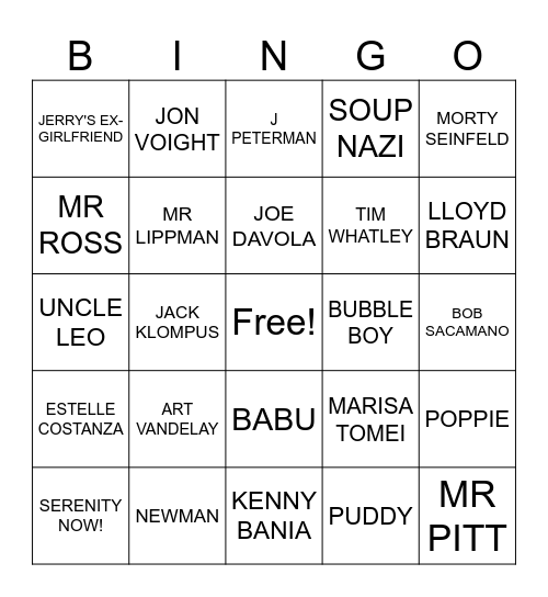 SEINFELD FINALE Bingo Card