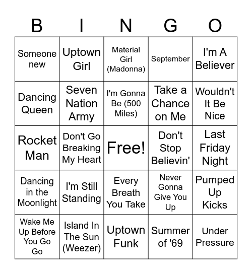 Musical Bingo Card