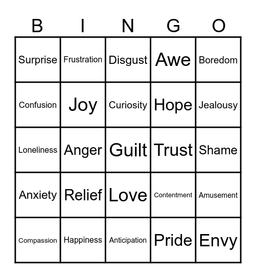 Emotion Bingo Card