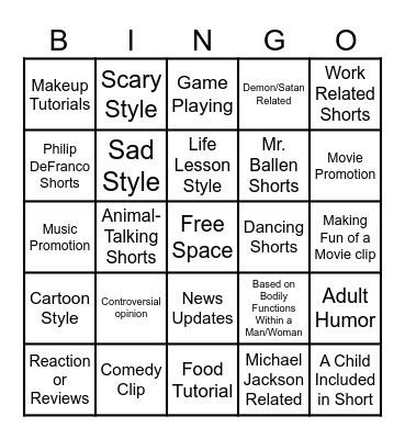 YouTube shorts Bingo Card
