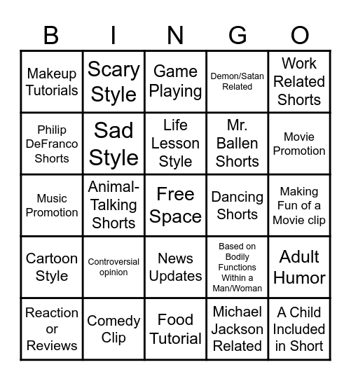 YouTube shorts Bingo Card