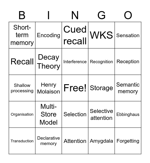 Year 12 ATAR Psychology - Memory Bingo Card