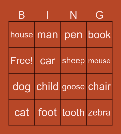 Plurals Bingo Card