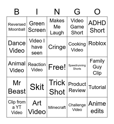 YT Shorts Bingo Card