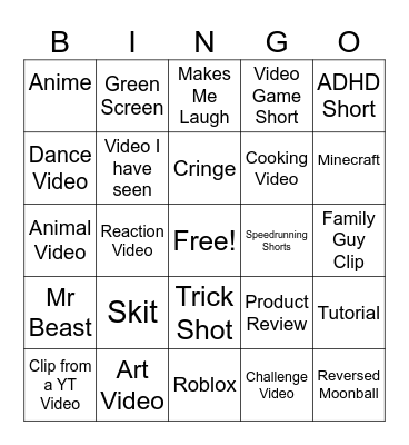 YT Shorts Bingo Card