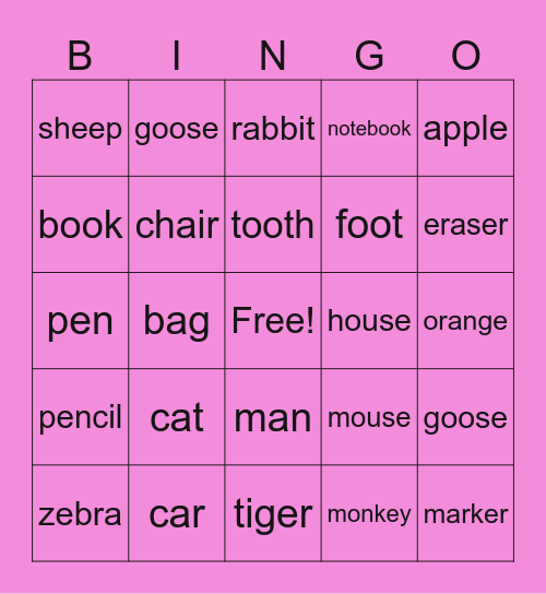 Plurals Bingo Card