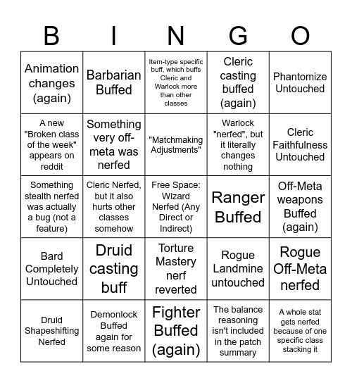 Patch Notes Bingo Card