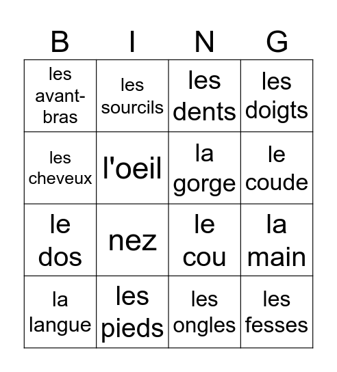 Le corps humain Bingo Card