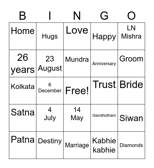 WEDDING ANNIVERSARY Bingo Card