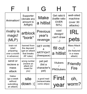 Artfight Bingo Card