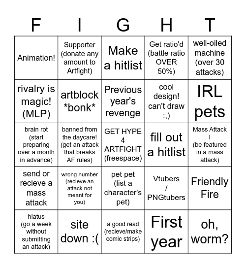 Artfight Bingo Card
