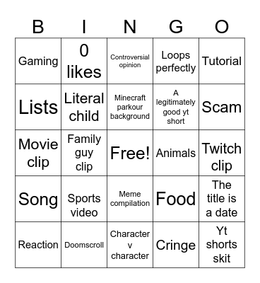 YouTube shorts Bingo Card