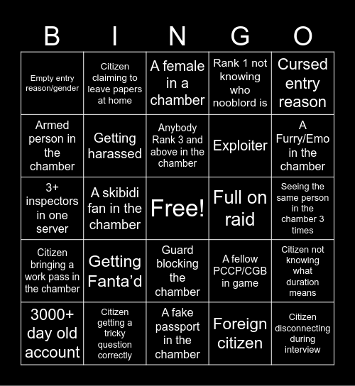 Inspector Bingo Card