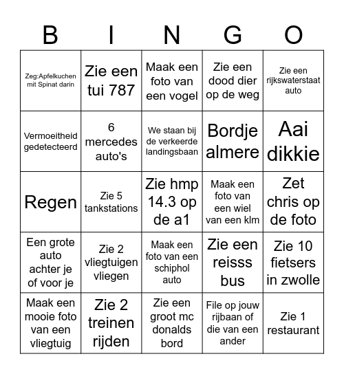 De weg naar schiphol bingo Card