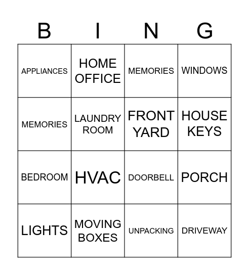 Housewarming Bingo Card