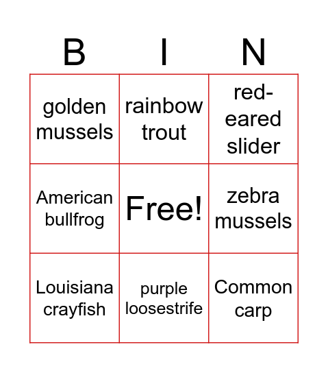 Invasive Species Bingo Card