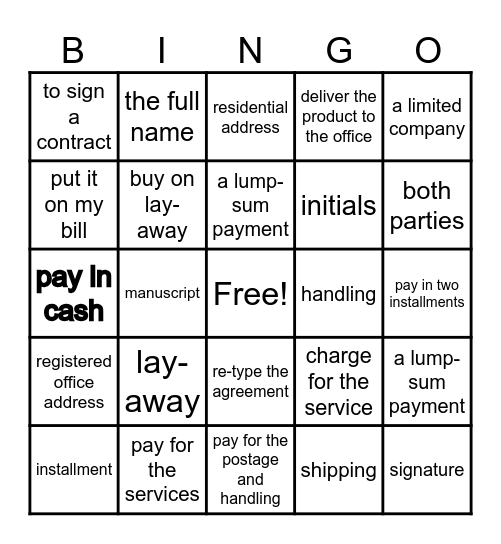 Contract signing ,payment terms Bingo Card