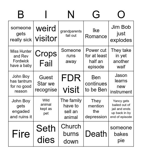 Waltons Season 3 Bingo Card