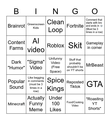 Youtube Shorts Bingo Card