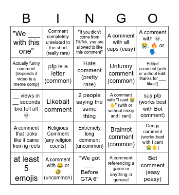 Yt shorts comments Bingo Card