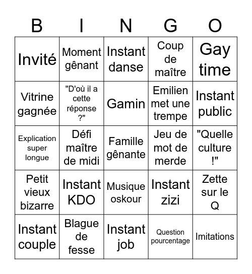 12 coups de midi Bingo Card