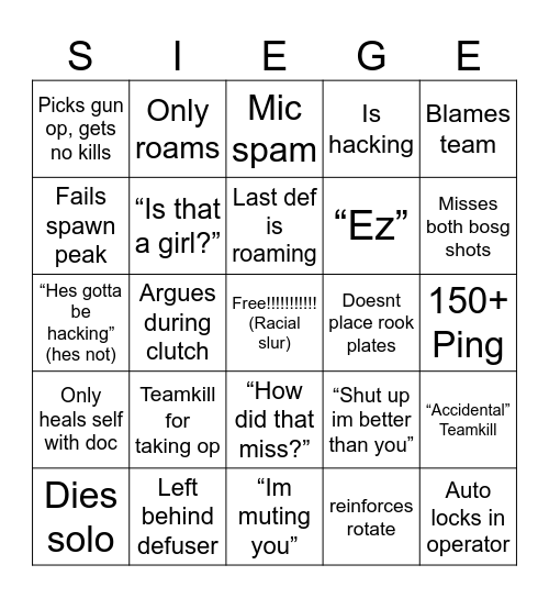 Your Rainbow six siege solo random Bingo Card