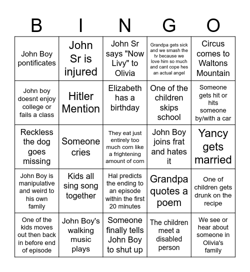 Waltons Season 3 Bingo Card