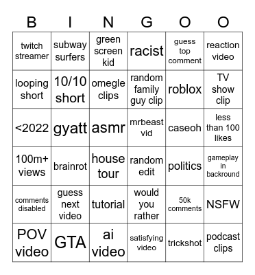 YOUTUBE SHORTS BINGO Card