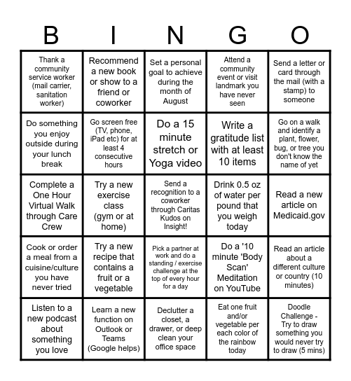 Summer Wellness Bingo Card